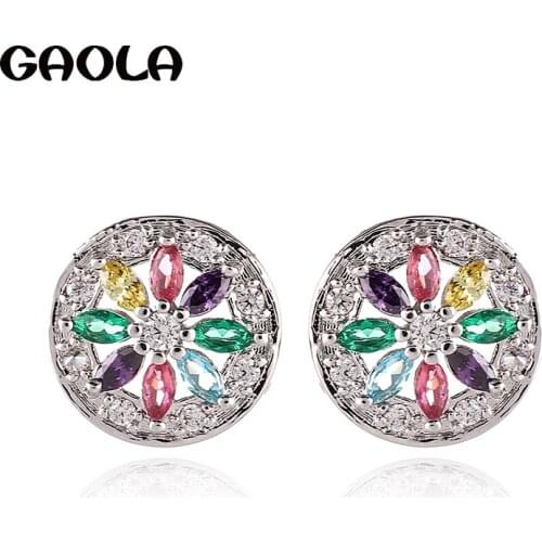 GAOLA New 4 Colors Clear Cubic Zirconia Round Flower Stud Earrings For Women Girl