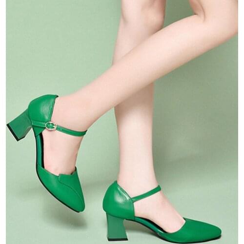 Zapatos De Mujer Women Cute Green Comfort Buckle Strap Square Heel Shoes Lady Fashion Black Pu Leather Shoes for Party E5983