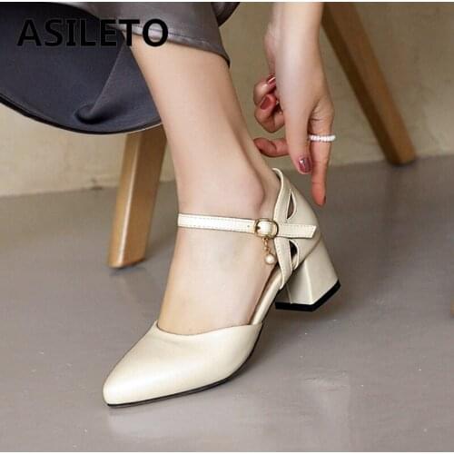ASILETO New 2021 Ladies Pumps Pointed Toe 5cm Block Heels Buckle Pearl Classic Stylish Concise Big Size 48 Casual B2338