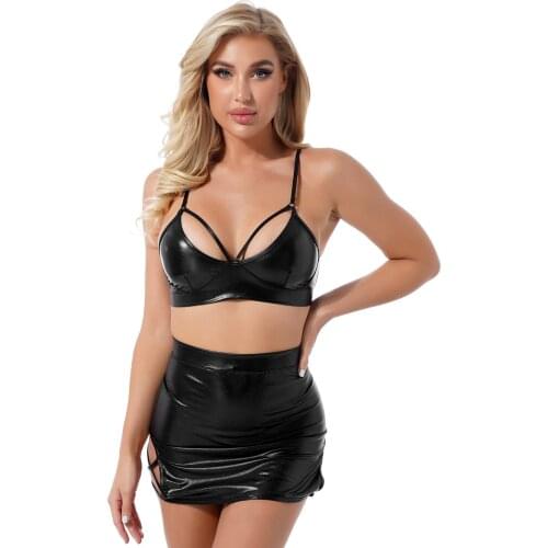 Womens Wetlook Patent Leather Set Adjustable Spaghetti Strap Bra Top Hollow Out Mini Skirt with G-String Thong Metallic Clubwear