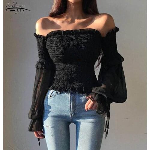 Srping New Casual Long Sleeve Slash Neck Sexy Corset Top Blouses Lace Office Ladies Tops Solid Chiffon Shirt Blouses Women 12813