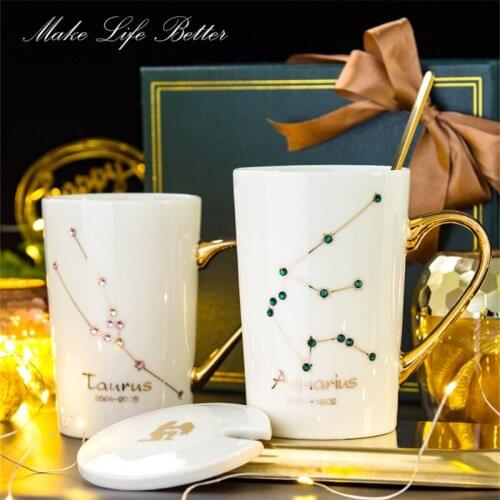 12OZ Creative Pink and Green Diamond Ceramic Coffee Mug Porcelain Tea Cup with Gold Painted as Gift with Lid and Spoon