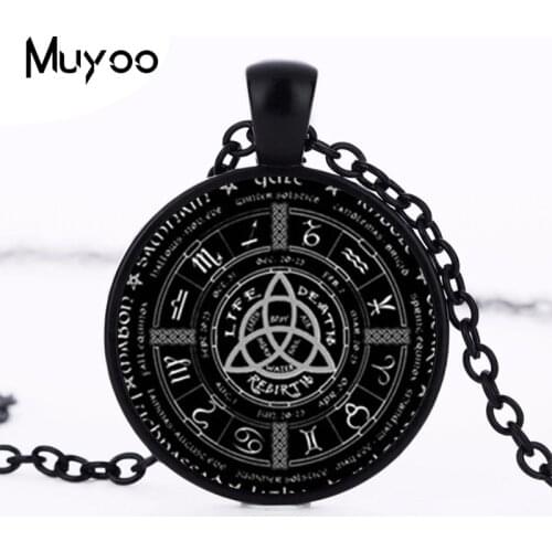 2017 New Pagan Wheel Of The Year Necklaces Pentagram Pendant Round Photo Wiccan Jewelry Glass Cabochon Necklace Link Chain HZ1
