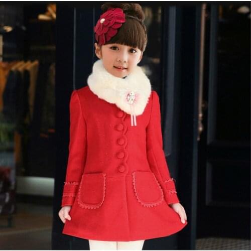 2020 Winter Girls' Woolen Coat Big Childrens Bow Down Coats Add Cotton Inside Baby Girl Jacket for Kids 4 5 8 12 14 Years Old
