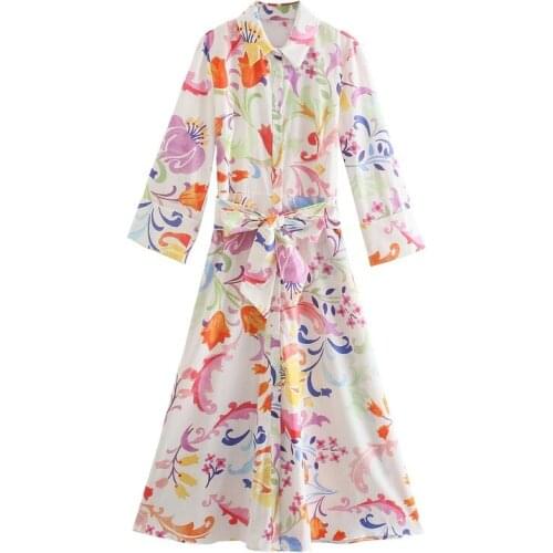 2021 Women Midi Dress Fashion with Belt Floral Print Vintage Summer Female Dresses Vestido Feminino Strappy Dress Shirt Style