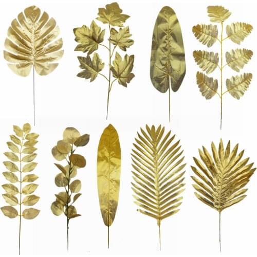 5Pcs Gold Artificial Leaves Turtle Monstera Palm Maple Tree Leaves Home Garden Decoration Wedding Festival DIY Fake Plants Decor