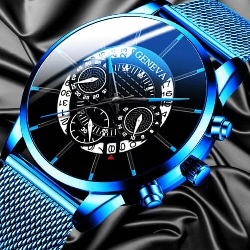 GENEVA Luxury Men Watch Men Fashion Business Calendar Blue Stainless Steel Mesh Belt Analog Quartz Wrist Watch relogio masculino