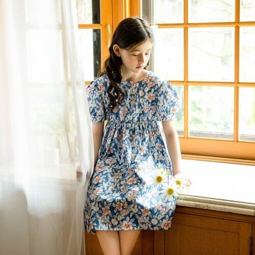 10 12 years Girls Elegant Dress 2021 Summer Teen Girls French style Flower Print Puff Sleeve Retro Dresses