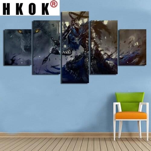 HKOK 5 Panels Dark Souls Warrior Gamer Modular Posters Canvas Painting Wall Art Pictures Living Room Accessories Home Decoration
