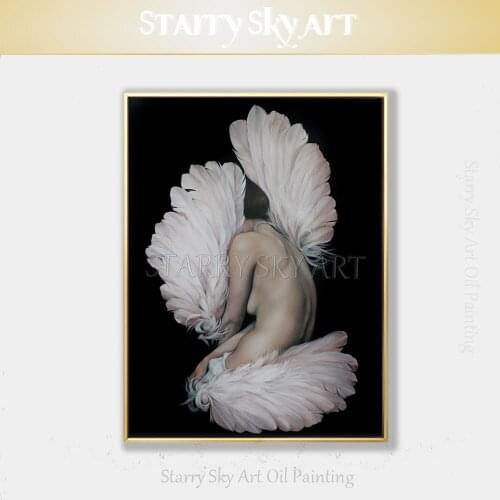 Artist Pure Hand-painted Beautiful Lady with Feather Oil Painting on Canvas Naked Angel Girl Oil Painting for Salon Decoration
