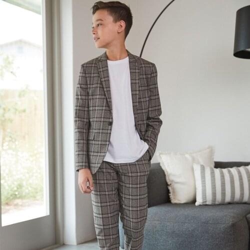 Custom Made Gray Check Plaid Boys Pants Suits 2 Pieces Set Tuxedos for Wedding Dinner Children Kids Tuxedo