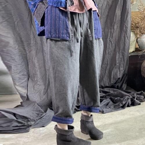Johnature Autumn Winter Cotton Linen Retro Patchwork Pocket Elastic Waist Harem Pants 2021 New Leisure Women Ankle-length Pants