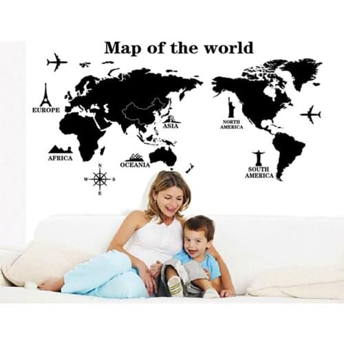 Large size world Map Wall Stickers Black Map of The World Home Decor for Kids Room Travel Airplane wall Decals for Bedroom