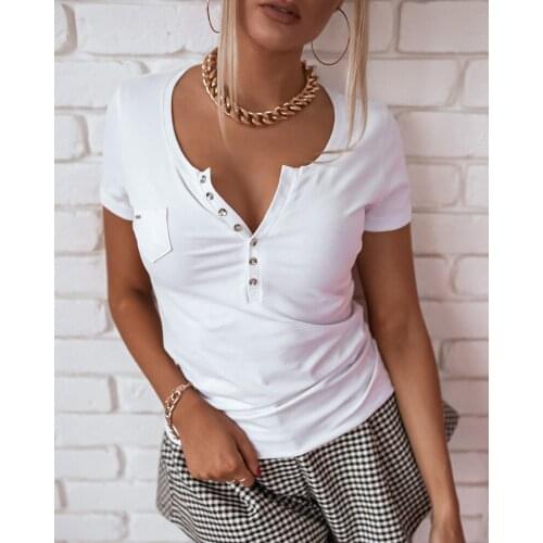 2021 Summer V-Neck Button Decor Short Sleeve Casual T-shirt V Neck Basic Tee Solid Comfortable Slim Female Top