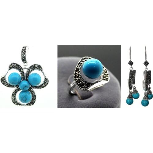 Hot sell ~~ Vintage Blue Turquoise 925 Sterling Silver Marcasite Ring (#7-10) pendant and earrings sets