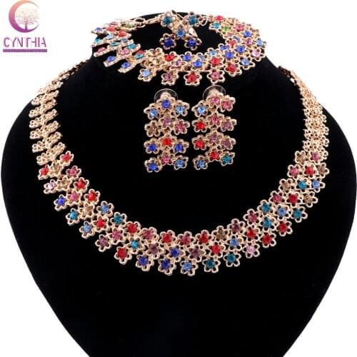 Fashion Bridal Wedding Gold color Rhinestone African Costume Dubai Party Necklace Bracelet Earring Ring Jewelry Set