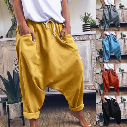 Fashion Loose Women Pants Casual Drawstring Pockets Drop Crotch Baggy Long Trousers Solid Color Haren Pants for Spring Autumn