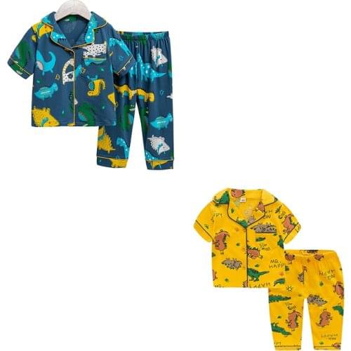 TUONXYE New Summer Boys Short sleeves Pajamas Girls Set Cartoon Dinosaurs Pyjama Cotton Kids Pijama Children Sleepwear Clothes