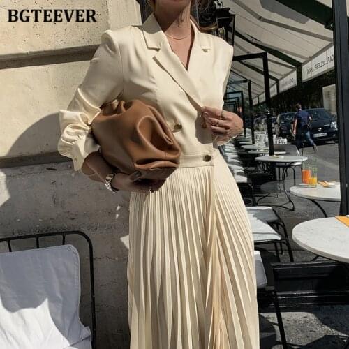 BGTEEVER Elegant Notched Collar Women Pleated Dress Double Breasted Slim Waist Female A-line Dress 2021 Work Wear Midi Vestidos