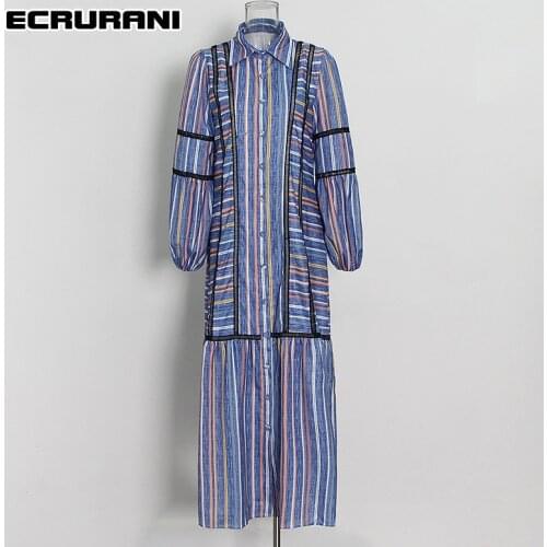 ECRURANI Striped Print Casual Mid Dress For Woman Lapel Lantern Long Sleeve Loose Bowknot Colorblock 2021 Womens Autumn Dresses