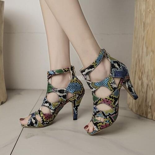 Snakeskin Printing Zapatos Women Sandals hollow Sexy Exquisite Super High Heels Ladies Increased Peep toe Stiletto Womens Pumps