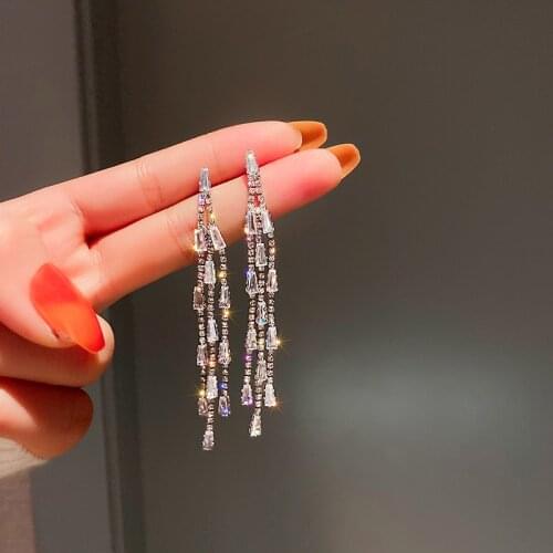 OLIRAFT Shiny Full Rhinestone Drop Earrings for Women Square Long Tassel Crystal Dangle Earring Weddings Fashion Jewelry Gifts