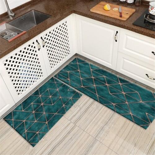 Retro Dark Green Kitchen Mat Washable Brown Geometric Strip Long Floor Mat For Balcony Non-slip Bath Mat Chair Mat Doormat Soft