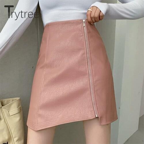Trytree 2021 Spring Autumn Casual Woman Skirt PU High Waist Zipper Irregular Hem Solid All-match Sexy Straight Mini Skirt Women