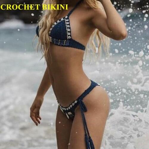 CROCHET BIKINI Sexy lace dress Lace Knit Bra Boho Women Swimwear Beach Push-up Bikini Halter Cami Tank Crop Top Handmade Brazil