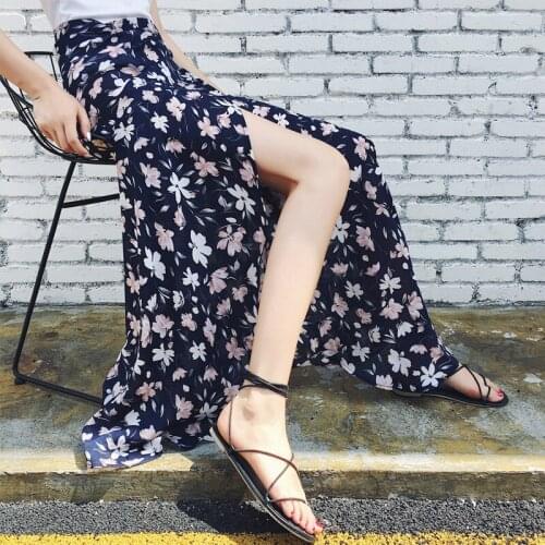Women Summer Skirt 2019 Korean Streetwear Vintage Print Floral Slim High Waist A Line Chiffon Long Skirt