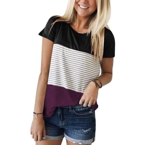 2021 Summer New O-Neck Loose Women Tops Short Sleeve Stripe Splicing T-Shirt Female Casual Fashion Soft Plus Size T-Shirt Tops