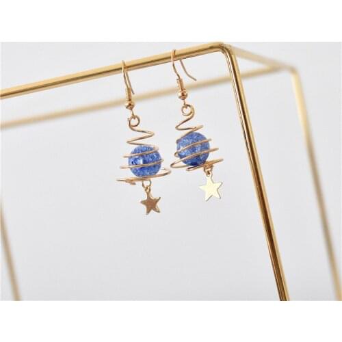 Planet Star Hook Earrings for Women Korean Cute Sweet Short Dangle Earrings Jewelry Gift Blue Twisted Alloy Fashion Gold Color
