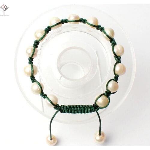 Woman Bracelet 10mm Bright white Pearl darl green rope handmade bracelet adjustable size Natural Freshwater Pearl