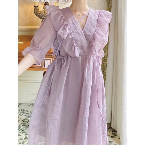 Heydress Dress Solid Ulzzang Leisure Lovely Preppy Style Student Sweet Girl Chiffon Summer V-neck Retro Vintage Baggy Loose Maxi