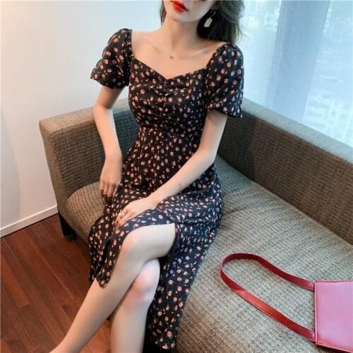2021Summer Beach Maxi Dress Women Floral Print Boho Long Chiffon Dress Casual Square collar Split Sexy Party Dress Robe