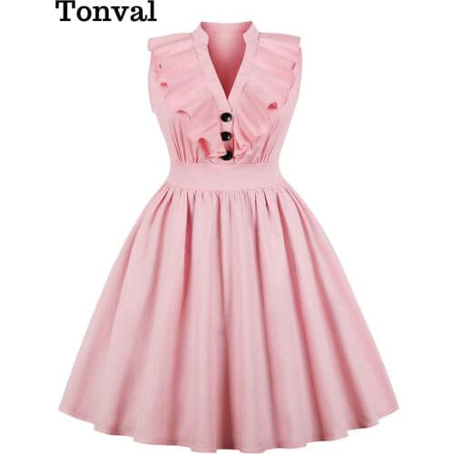 Tonval Plus Size Vintage Dresses for Women Button Front V Neck Ruffle Trim Pink Elegant Party Pleated Midi Dress