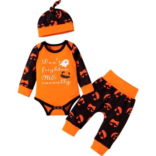 3PCS Halloween Baby Clothes Set Infant Baby Boys Halloween Letter Cartoon Ghost Romper Tops Pants Outfits Set