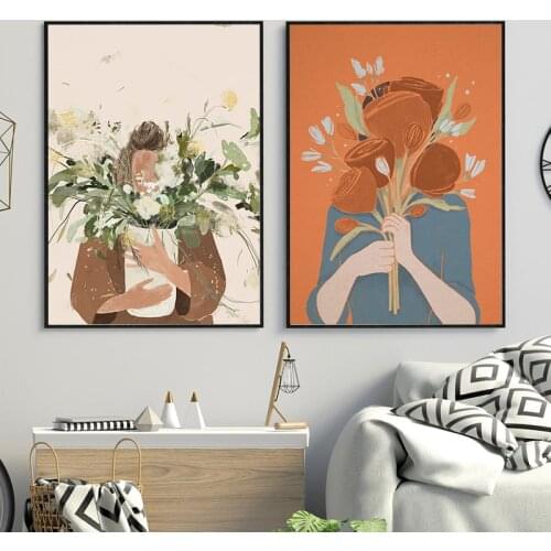Abstract Woman Floral Illustration Poster and Prints Female Flower Bouquet Summer Plant Canvas Painting Wall Art Pictures Decor