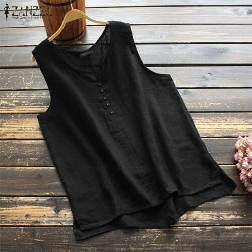 Vintage Cotton Blouse ZANZEA Summer Tanks Tops Women Sleeveless Solid Shirt Casual Loose Split Hem Blusas Tunic Mujer