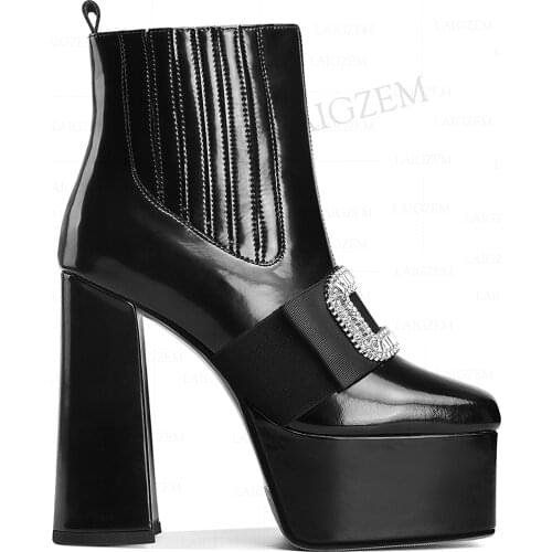 LAIGZEM SUPER Women Ankle Boots Real Leather Block High Heels Side Elastic Band Booties Dress Female Shoes Woman Size 36 39 40