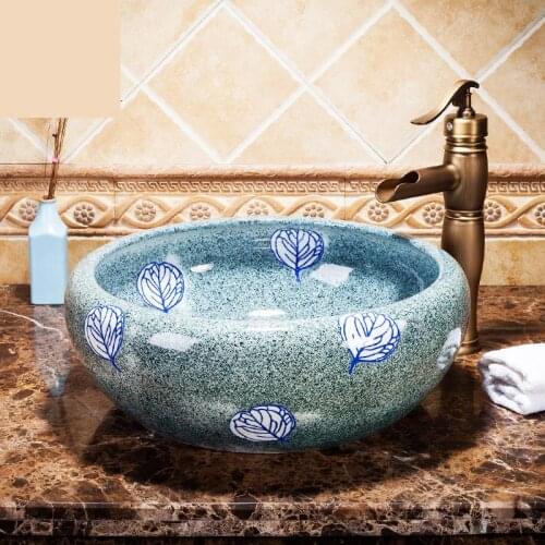 Europe Vintage Style Ceramic Art Basin Sinks Counter Top Wash Basin Bathroom Vessel Sinks wash basin sink leaf pattern
