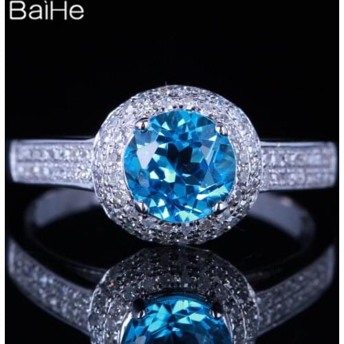 BAIHE Sterling Silver 925 1.3ct Flawless Round Genuine Blue Topaz Engagement Women Trendy Fine Jewelry Round Blue Topaz Ring