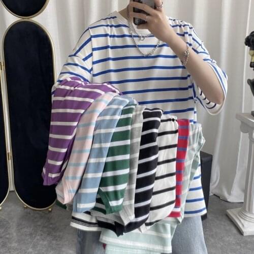 Summer Striped T Shirt Mens Fashion Contrast Color Casual Loose Cotton T-shirt Men Streetwear Short-sleeved Tshirt Mens S-2XL
