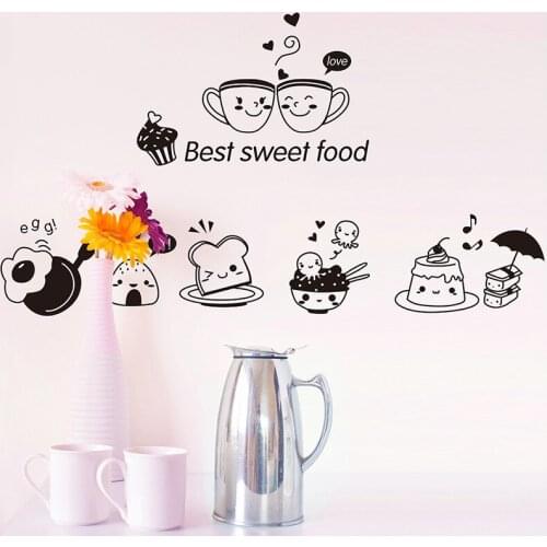 Cute Dessert Icon Wall Sticker For Kitchen Dining Room Dinner Kitchen Wallpaper DIY Self Adhesive Cooking Pattern Decal Oilproof