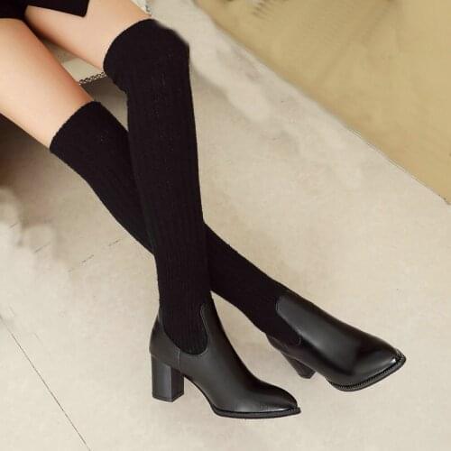 Fashion Knit Over-the-knee Boots Stretch Slim Ladies Boots Pointed Square Heel Womens Shoes Winter Warm Boots Woolen Sock Boots