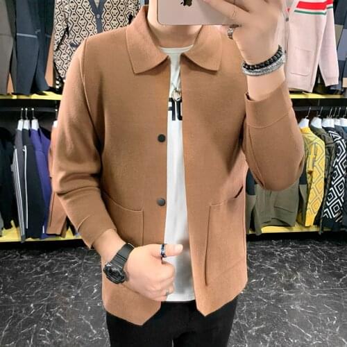 Hot Sale Autumn New Turn Down Collar Cardigan Men Clothing Simple Single Breasted Front Pockets Decor Knitted Sweater Hombre 3XL