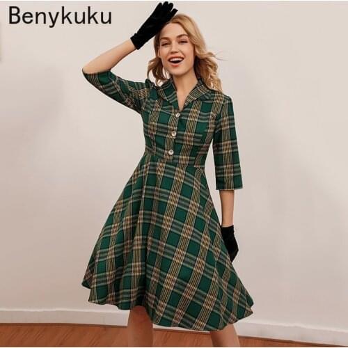 Turn-Down Collar Button Up 50s 60s Vintage Dress Elegant Women Green Plaid Pin Up Dresses Woman Clothes Robe Retro Swing Dress