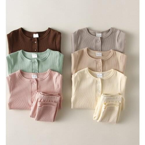 Toddler Girl Boy Pajamas Set Kids Solid Knit Cotton Outfits Baby Boys Full Sleeves Sleepwear Children Clothes Home Wear 1-6Y