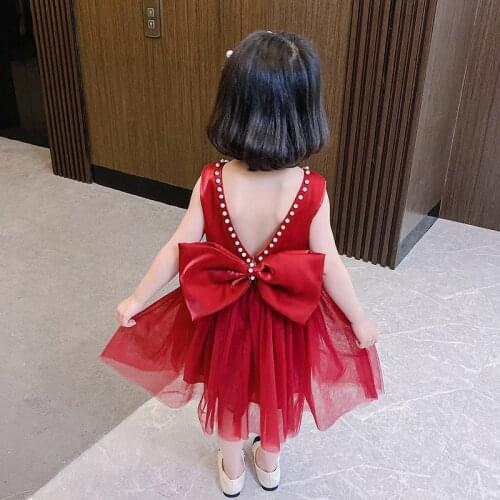 Baby Girls Dress Summer Pearls Backless Kids Children Party Wedding Evening Princess Ball Gown with Big Bow 2-6Yrs