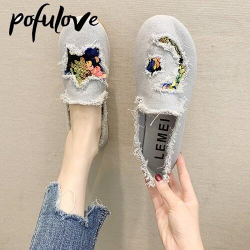 Pofulove Women Canvas Shoes Ripped Jeans Flats Fashion Designer Slip on Casual Denim Shoes White Canvas Shoes Harajuku Zapatos
